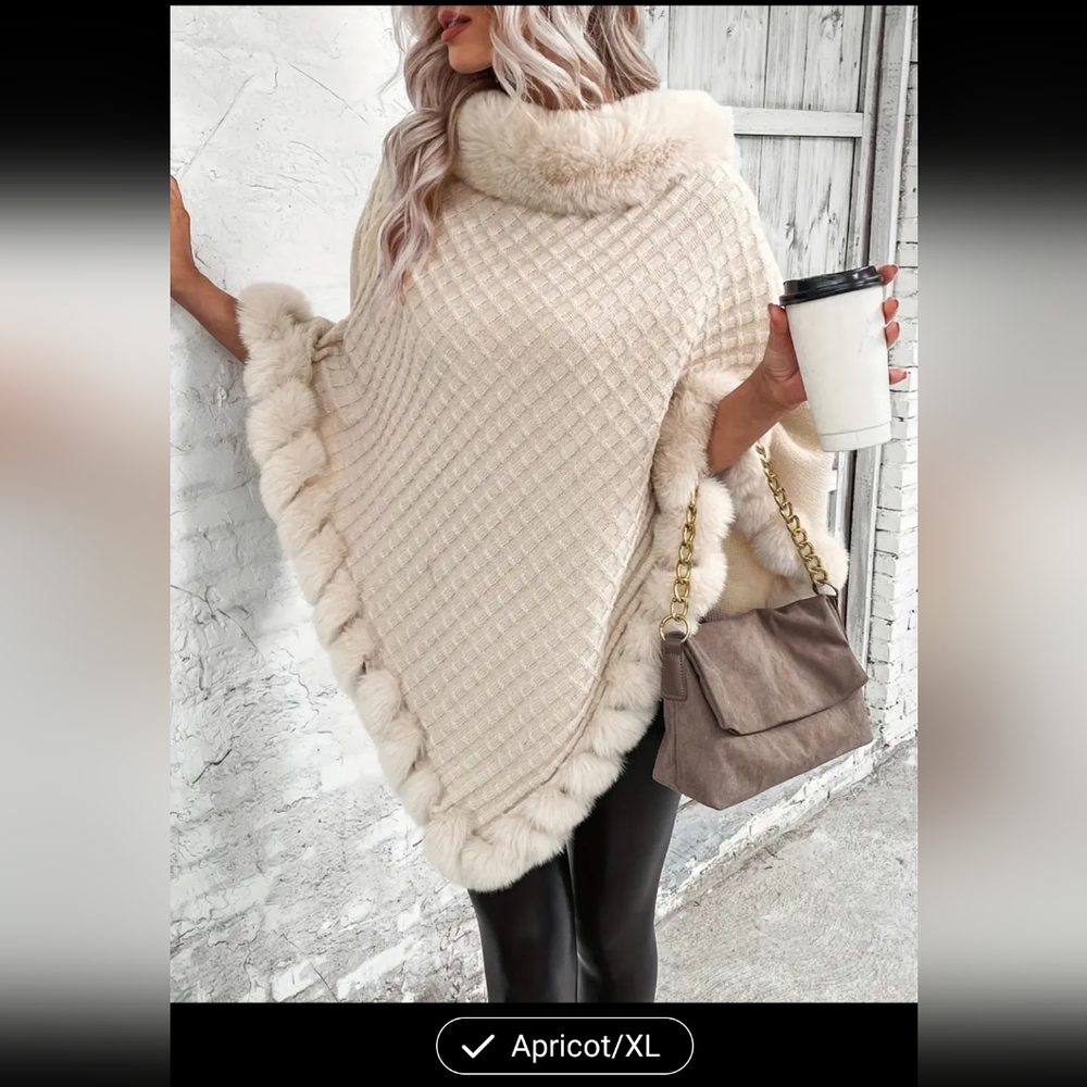 Vanilla Latte Cream Color Faux Fur Trim Elegant Women's Poncho Sz XL